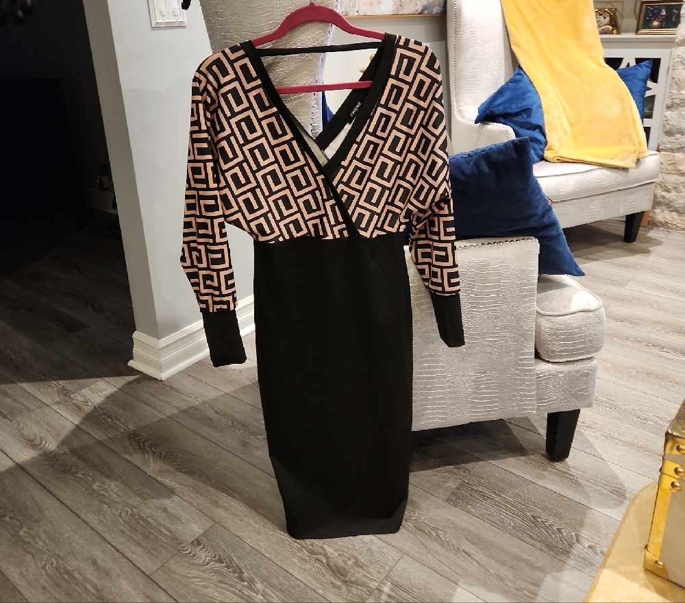 Chic Tan and Brown Long Sleeve V-Neck Dress for Cocktail